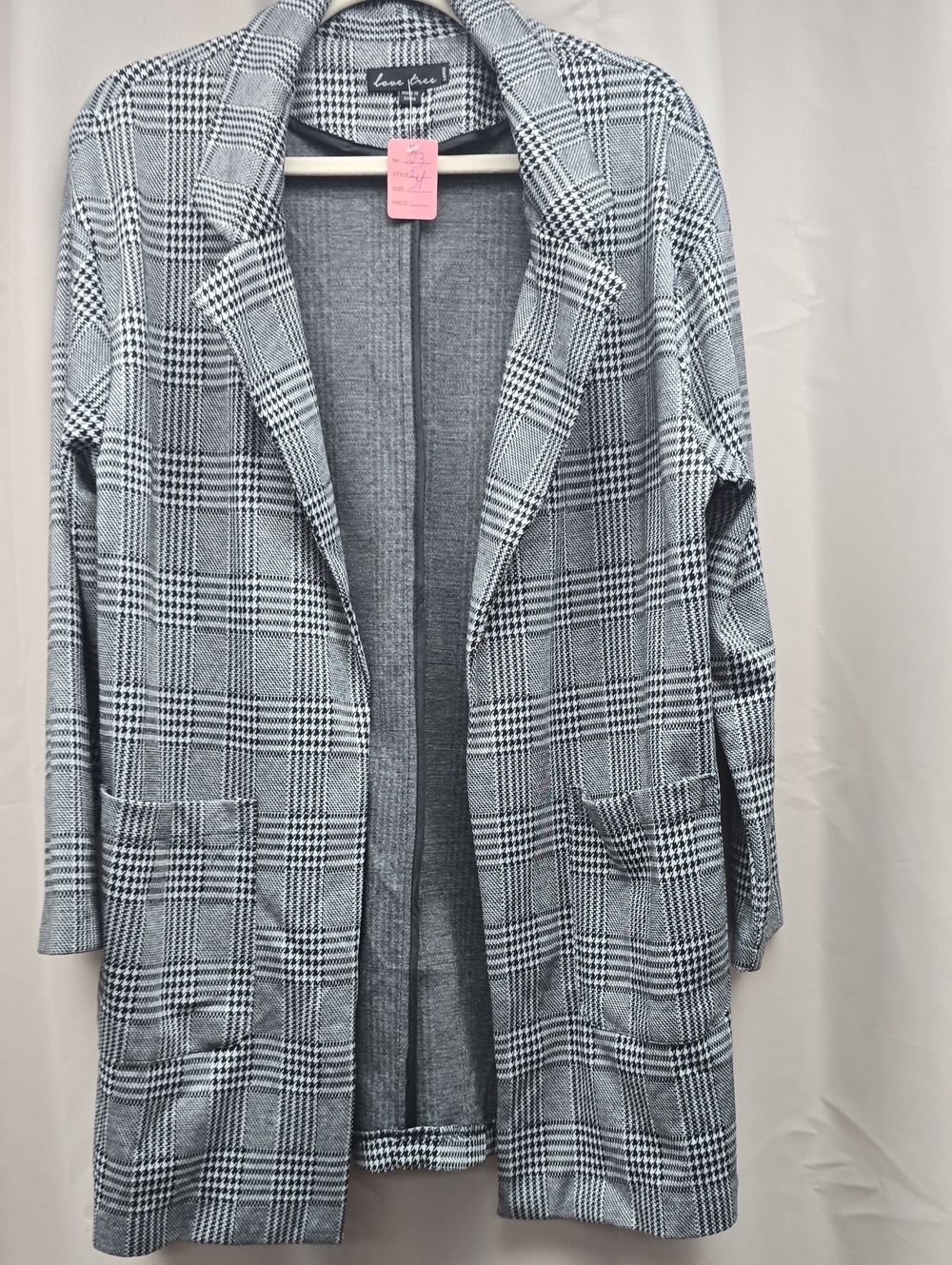 Love Tree Women's Plaid Open-Front Coatigan - Gray/Black Size Large